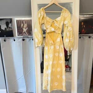 Yellow Floral Maxi Dress with Tie-Front & Puff Sleeves